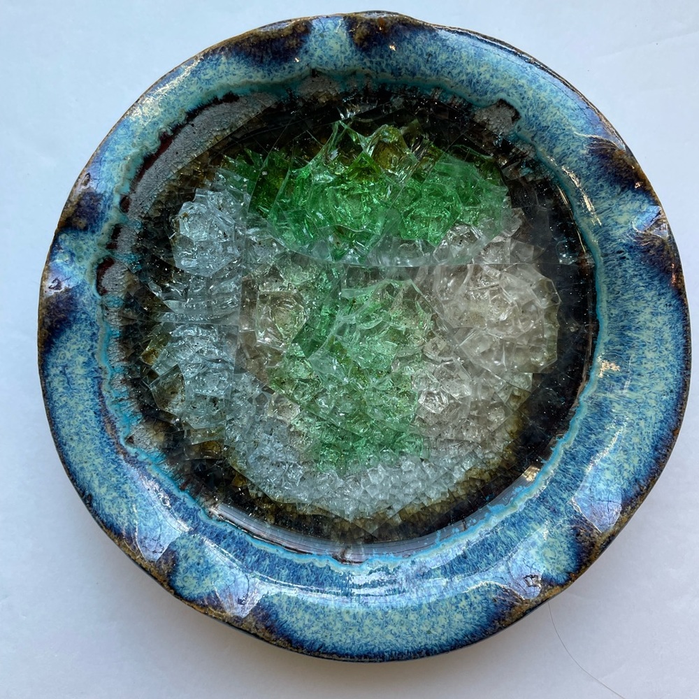 Vintage crystalline ceramic blue and green candle holder. Made in USA
